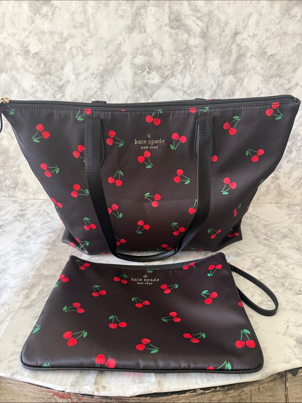 kate spade Black Cherry Print Tote with Wristlet Pouch